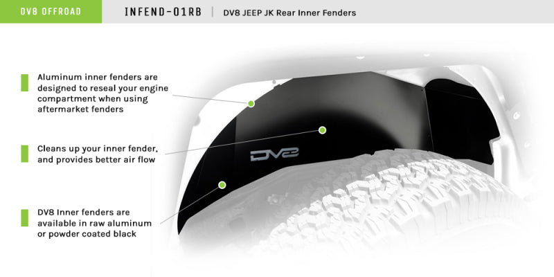 DV8 Offroad 07-18 compatible with Jeep Wrangler JK Rear Aluminum Inner Fender Black INFEND-01RB