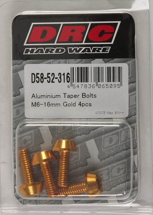 4/PC DRC ALUM M6 TAPER BOLTS 16MM GLD