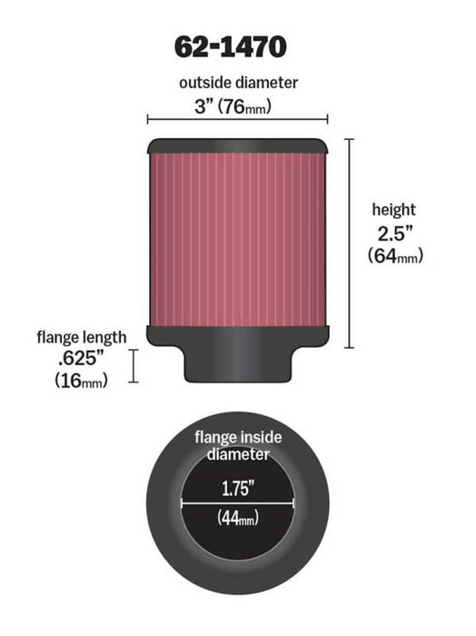 K&N 1.75 inch Vent 3 inch D 2.5 inch H Air Filter Rubber Top 62-1470