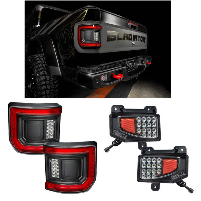 Oracle Lighting flush mount LED tail lights compatible with Jeep Gladiator JT + Oracle Lighting rear bumper LED reverse lights compatible with Jeep Gladiator JT 5878-504 5882-504