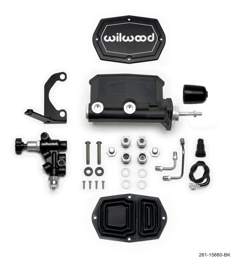 Wilwood Compact Tandem M/C 15/16in Bore w/RH Bracket and Valve (Pushrod) Black 261-15660-BK