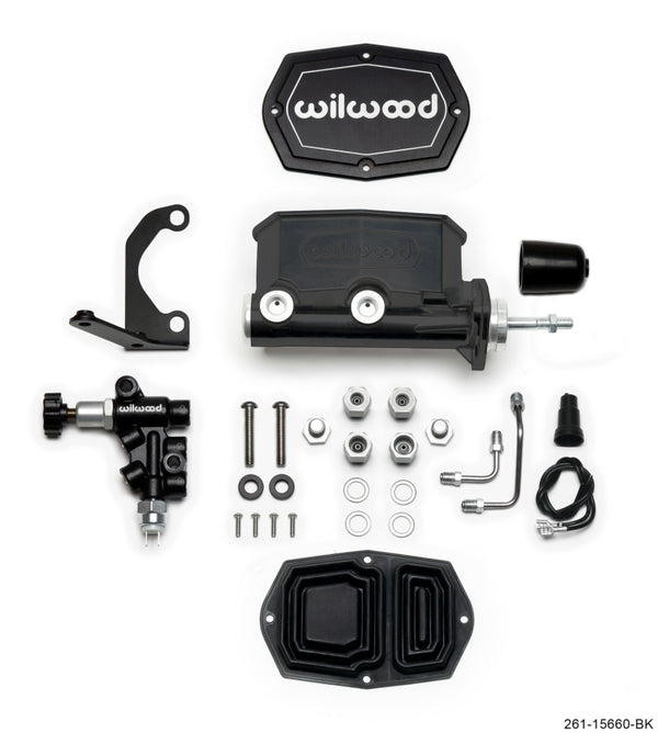 Wilwood Compact Tandem M/C 15/16in Bore w/RH Bracket and Valve (Pushrod) Black 261-15660-BK