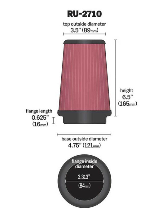 K&N Universal Rubber Filter Round Tprd 3.313in Flange ID x 4.75in Base OD x 3.5in Top OD x 6.5in H RU-2710