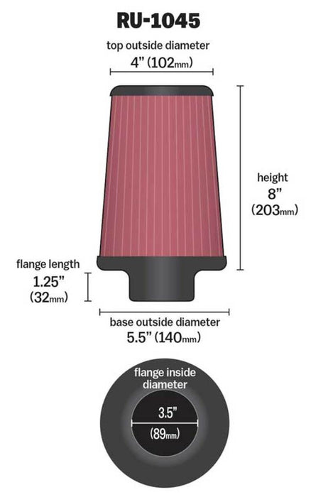 K&N Universal Tapered Filter 3.5in Flange ID x 5.5in Base OD x 4in Top OD x 8in Height RU-1045