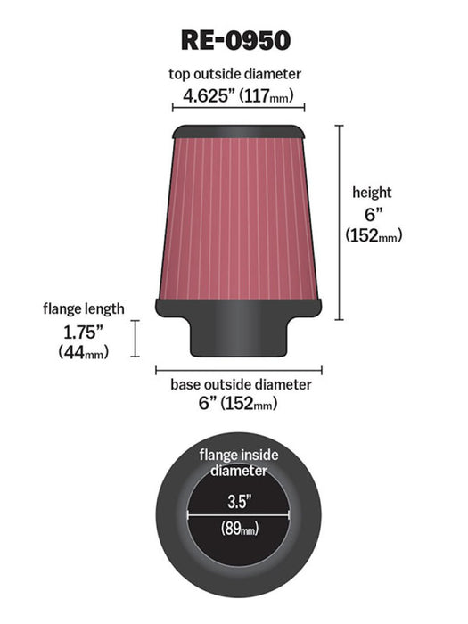 K&N Universal Rubber Filter 3 1/2inch ID FLG / 6inch Base / 4-5/8inch Top / 6inch Height RE-0950