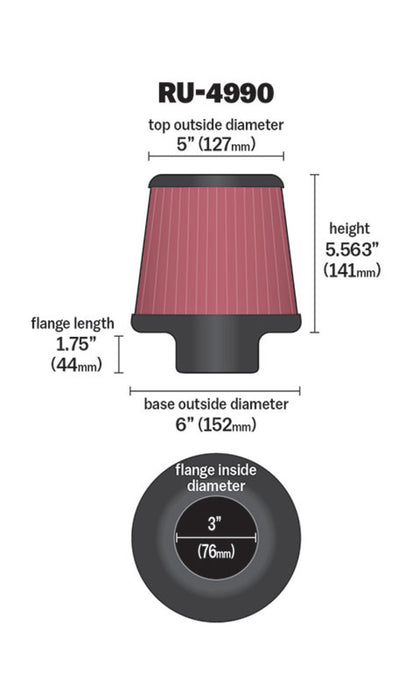 K&N Filter Universal Rubber Filter-Rd Tapered 3in Flange ID x 6in Base OD x 5in Top OD x 5.563in H RU-4990