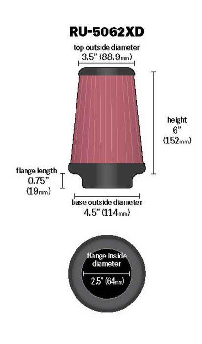 K&N Universal Rubber Filter 2-1/2in Flg / 4-1/2in OD B / 3-1/2in OD T / 6in H Black Top RU-5062XD