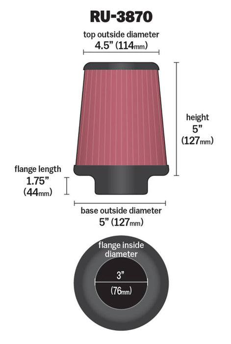 K&N Universal Clamp-On Air Filter 3in FLG / 5in B / 4-1/2in T / 5in H RU-3870