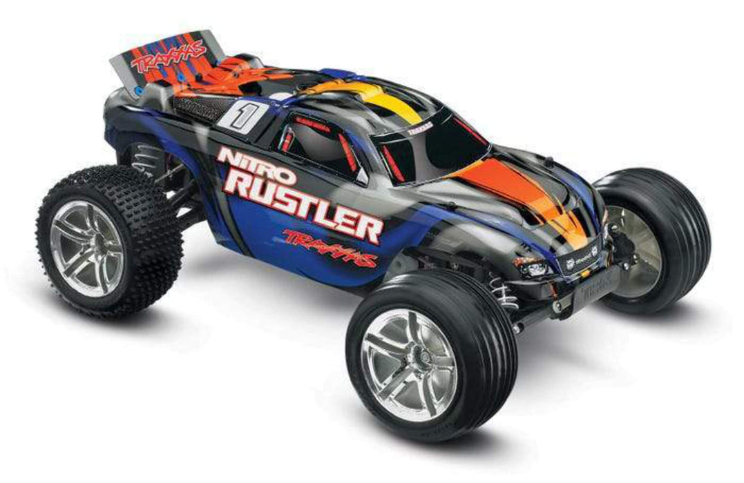 Traxxas Nitro Rustler: Powered 2Wd Stadium Truck With Tq 2.4 Ghz Radio & Tsm (1/10 Scale), Silver/Blue 44096-3-SBLU