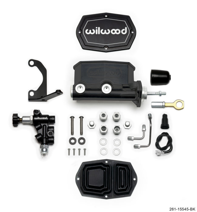 Wilwood Compact Tandem M/C 1.12in Bore w/Bracket and Valve fits Mustang (Pushrod) Black 261-15545-BK