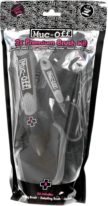 Muc-Off 220 3 Piece Premium Brush Kit - Includes 3 Bike Cleaning Brushes With Durable Nylon Bristles And Ergonomic Rubberised Handles To Minimise Impact