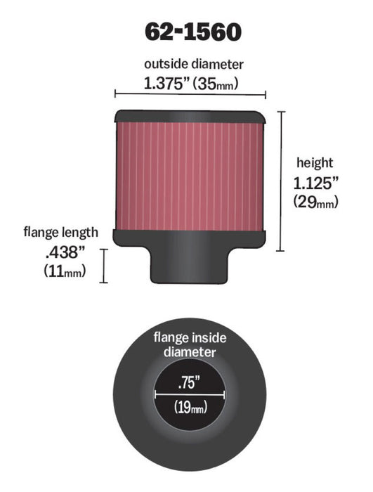 K&N 0.75 inch ID 1.375 inch OD 1.125 inch H Clamp On Crankcase Vent Filter 62-1560