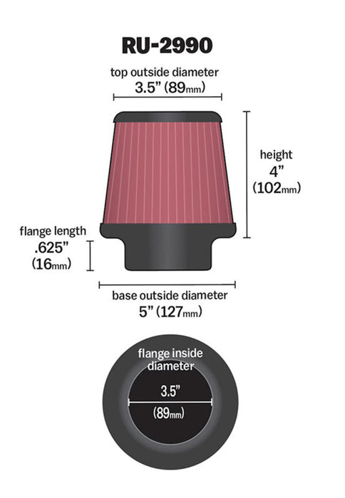 K&N Universal Clamp-On Air Intake Filter: High Performance, Premium Washable Replacement Filter: Flange Diameter: 3.5 In, Filter Height: 4 In, Flange L: 0.625 In, Shape: Round Tapered, RU-2990, Black