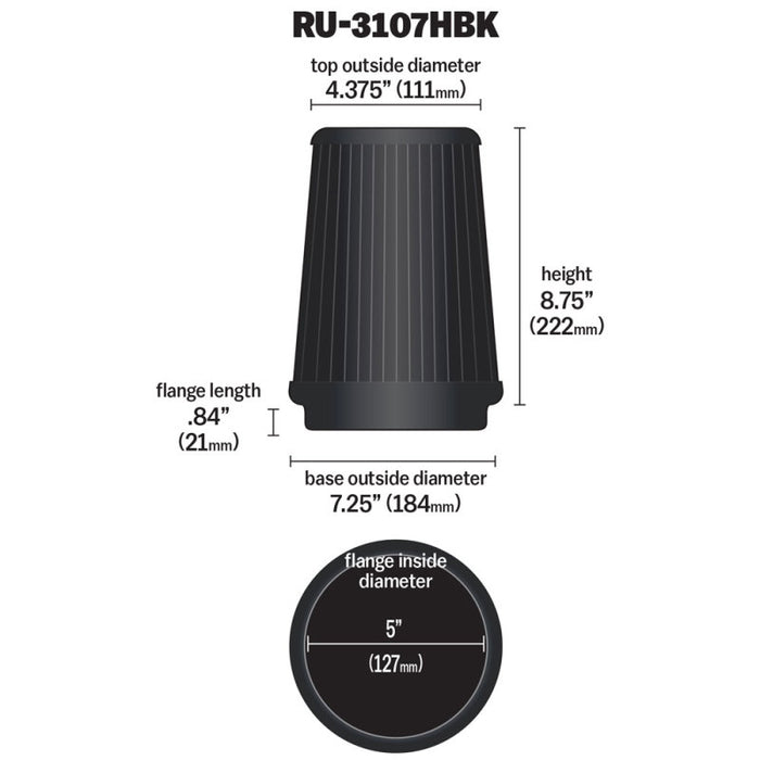 K&N Universal Air Filter (5in Flange / 6-1/2in Base / 4-3/8in Top OD / 8-3/4in Height) RU-3107HBK