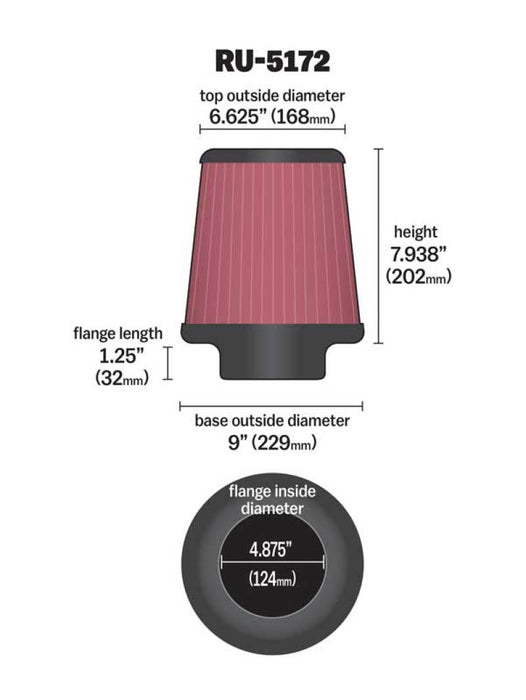 K&N Universal Rubber Filter-Round Tprd 4.875in Flange ID x 9in Base OD x 6.625in Top OD x 7.938in H RU-5172