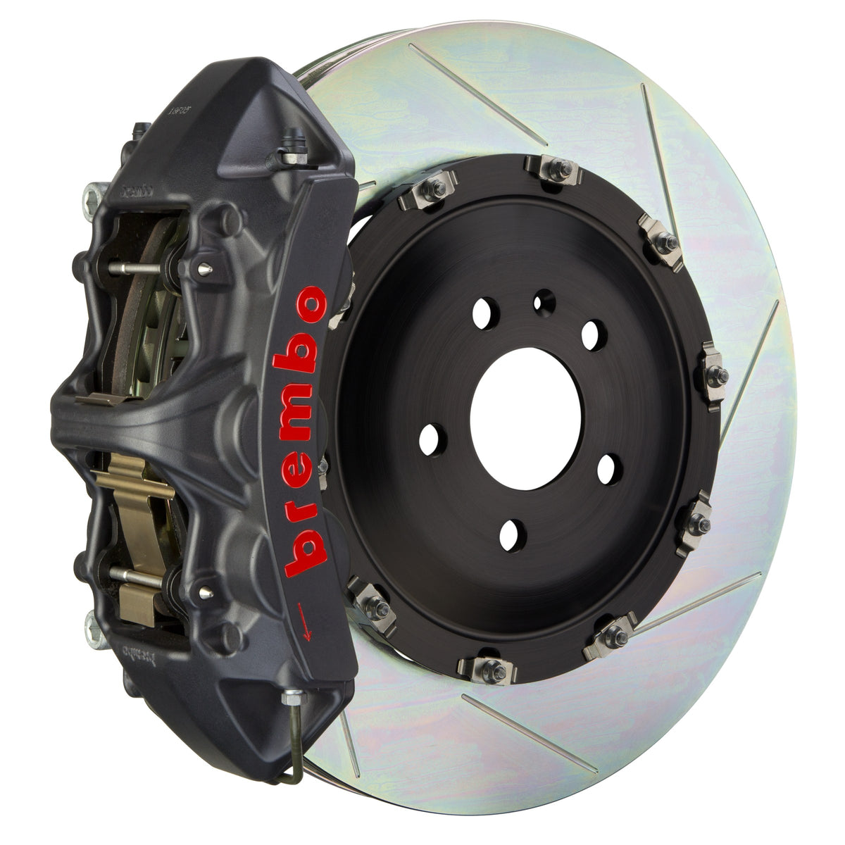 Brembo GT-S Front Big Brake Kit, 6-Piston Black Hard Anodized Calipers, 365x34mm Type-1 Slotted 2-Piece Rotors, Fits 2018-2025 Tesla 3 1N2.8519AS