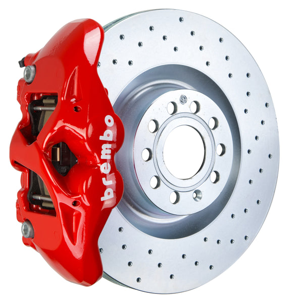 Brembo GT Front Big Brake Kit, 4-Piston Red Calipers, 345x30mm Drilled Rotors, Fits 2015-2021 Volkswagen Golf and more 1S4.8003A2
