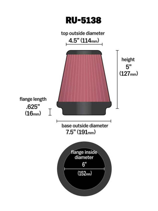 K&N Universal Clamp-On Air Filter 6in FLG / 7-1/2in B / 4-1/2in T / 5in H RU-5138