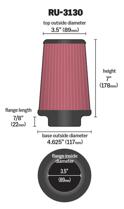 K&N Filter Universal Rubber Filter 3 1/2 inch Flange 4 5/8 inch Base 3 1/2 inch Top 7 inch Height RU-3130