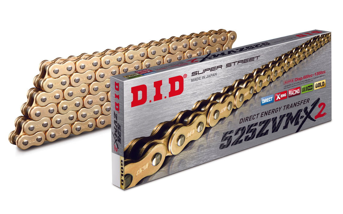 DID 525ZVMX2G120 (525 Series) ZVM-X2 Gold/Gold 120 Link High Performance X-Ring Chain with Connecting Link