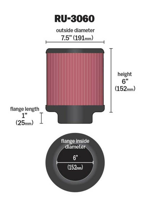 K&N Universal Rubber Filter 6in FLange ID / 7.5in OD / 6in Height / Round Straight RU-3060