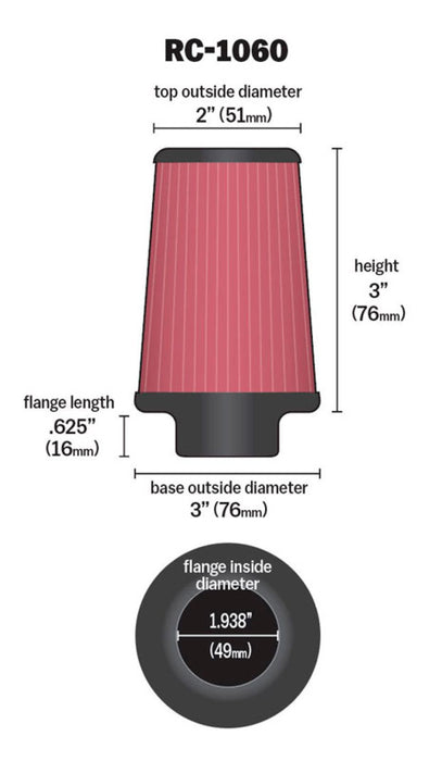 K&N Universal Clamp-On Air Filter: High Performance, Premium, Replacement Engine Filter: Flange Diameter: 1.9375 In, Filter Height: 3 In, Flange Length: 0.625 In, Shape: Round Tapered, RC-1060