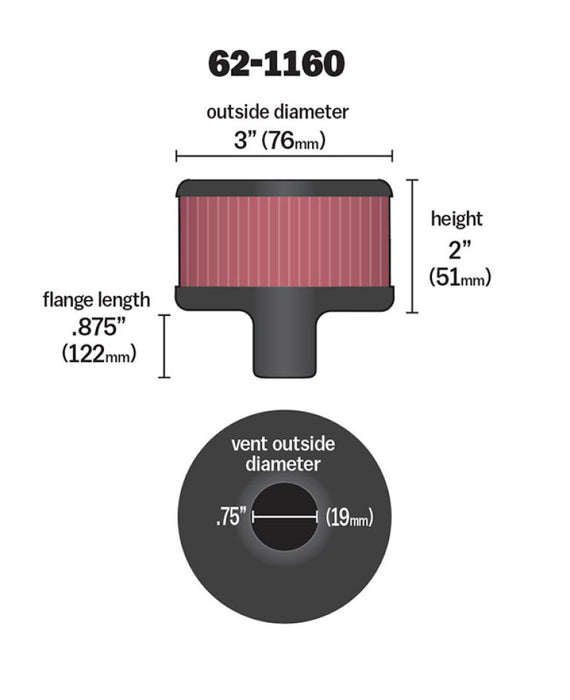 K&N Filter 3/4in Vent 3in Diameter 2in Height 62-1160