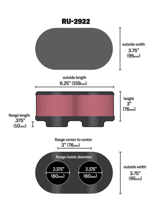 K&N Universal Clamp-On Air Intake Filter: High Performance, Premium, Washable, Replacement Air Filter: Flange Diameter: 2.375 In, Filter Height: 3 In, Flange L: 0.375 In, Shape: Oval, RU-2922, Black