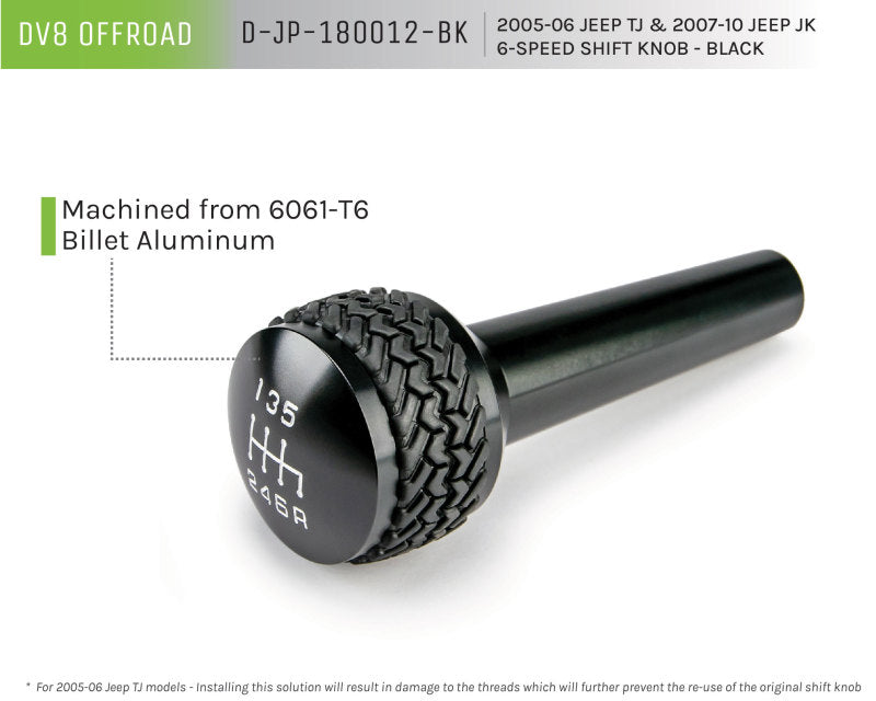 DV8 Offroad 2005-2010 compatible with Jeep TJ/JK 6-Speed Shift Knob Black Finish D-JP-180012-BK