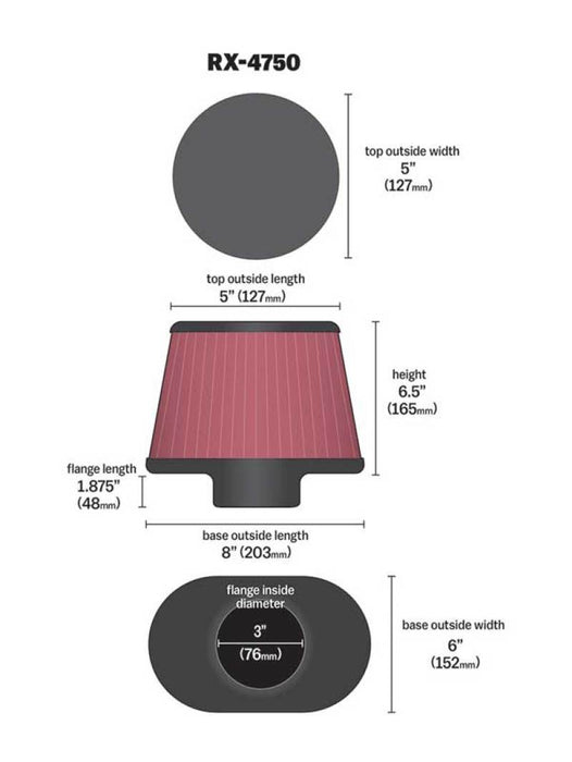 K&N Filter Universal X Stream Clamp-On 3in Flange ID 6inx8in Base 5inx5in Top 6.5in Height RX-4750