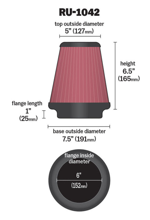 K&N Universal Clamp-On Air Filter 6in FLG / 7-1/2in B / 5in T / 6-1/2in H RU-1042