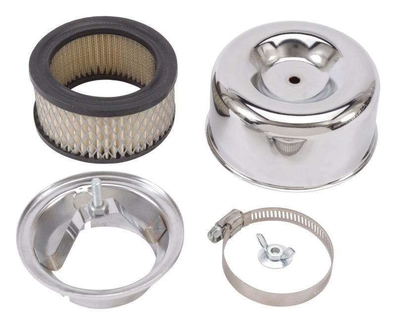 Edelbrock Air Cleaner 94 Series Round Steel Top 4 65In Dia X 3 125In 2 63In ID Raised Base Chrome 1202