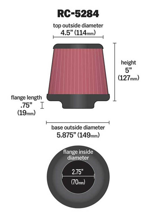 K&N Universal Clamp-On Air Filter 2-3/4in FLG / 5-7/8in B / 4-1/2in T / 5in H RC-5284