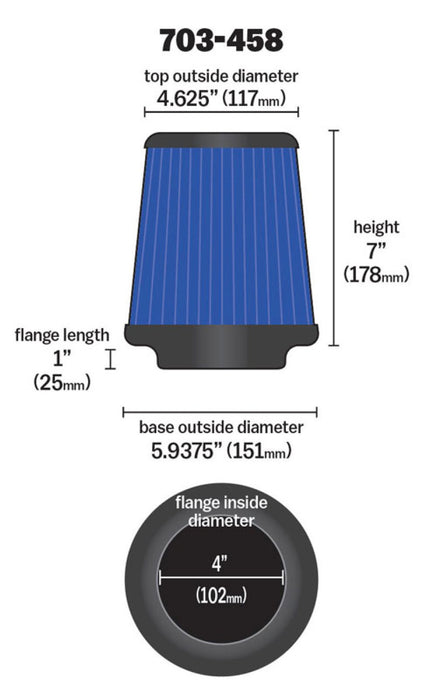 Airaid Universal Air Filter Cone 4 x 7 x 4 5/8 x 7 w/ Short Flange Blue SynthaMax 703-458