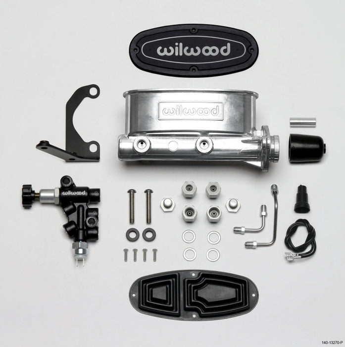 Wilwood HV Tandem M/C Kit w L/H Bracket & Prop Valve 1 1/8in Bore Ball Burnished 261-13270-P