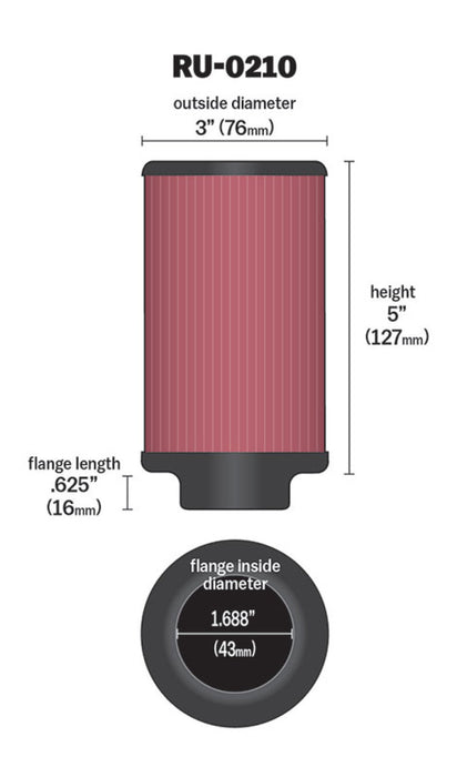 K&N Universal Clamp-On Air Filter: High Performance, Premium, Washable, Replacement Engine Filter: Flange Diameter: 1.6875 In, Filter Height: 5 In, Flange Length: 0.625 In, Shape: Round, RU-0210