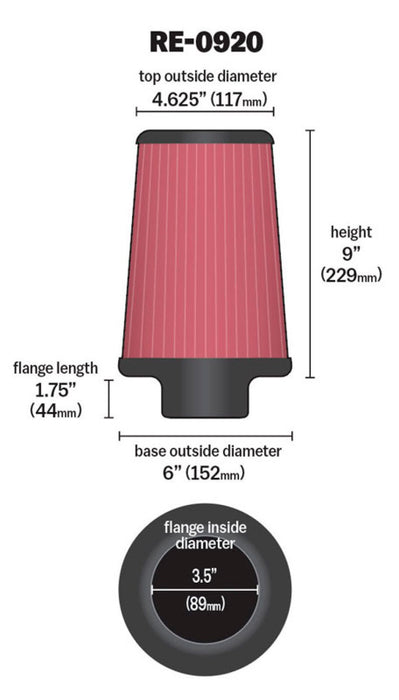 K&N Universal Rubber Filter 3 1/2inch ID FLG / 6inch Base / 4-5/8inch Top / 9inch Height RE-0920