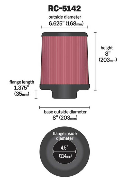 K&N Universal Clamp-On Air Filter inch FLG 4.5inch Base 4 inch Top 4-1/2in FLG 8in Base RC-5142
