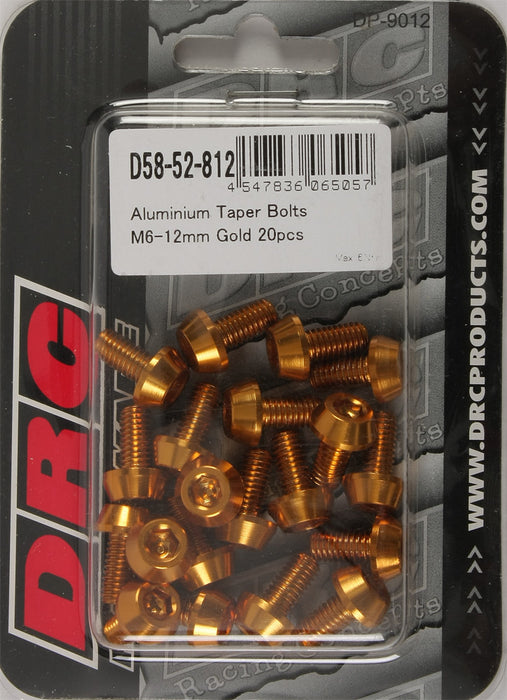 20/PC DRC ALUM M6 TAPER BOLTS 12MM GLD