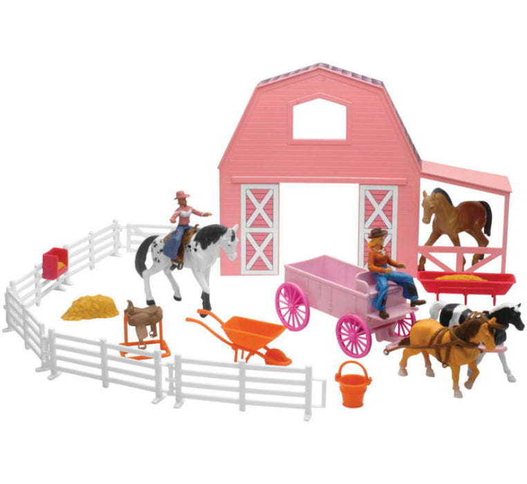 New Ray Toys Valley Ranch Set with Pink Barn, Horses, Cowgirls and Fences/ Scale 1:32 SS-05786