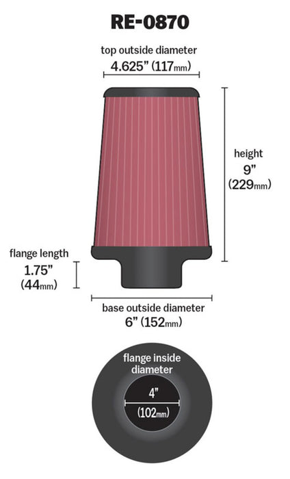 K&N Universal Rubber Filter 4inch FLG / 6inch OD-B / 4-5/8inch OD-T / 9inch H RE-0870