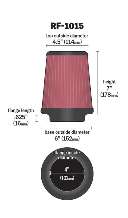 K&N 6 inch OD-Base 4 1/2 inch OD-Top 7 Inch H Round Tapered Universal Air Filter RF-1015