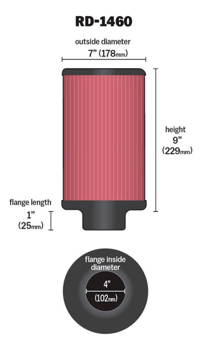 K&N Universal Air Filter 4in Flange ID 7in OD 9in Height RD-1460