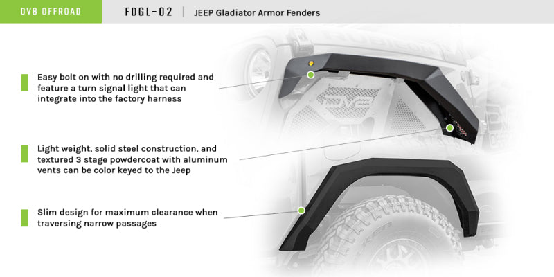 DV8 Offroad 2019+ compatible with Jeep Gladiator Armor Fenders FDGL-02