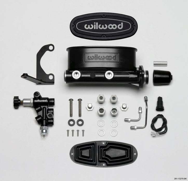 Wilwood HV Tandem M/C Kit w L/H Bracket & Prop Valve 1 1/8in Bore Black 261-13270-BK