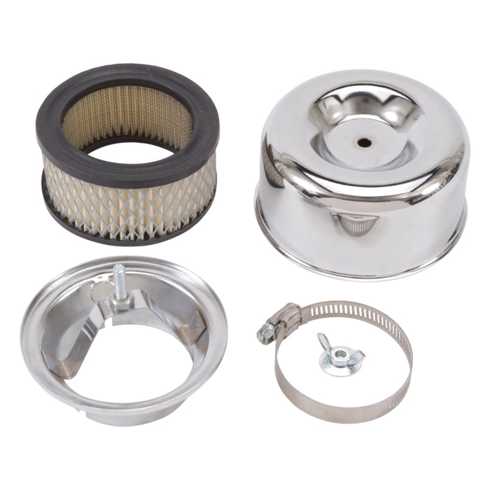 Edelbrock Air Cleaner 94 Series Round Steel Top 4 65In Dia X 3 125In 2 63In ID Raised Base Chrome 1202