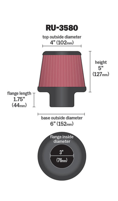 K&N Filter Universal Rubber Filter 3 Inch Flange 6 inch Base 4 inch Top 5 inch Height RU-3580