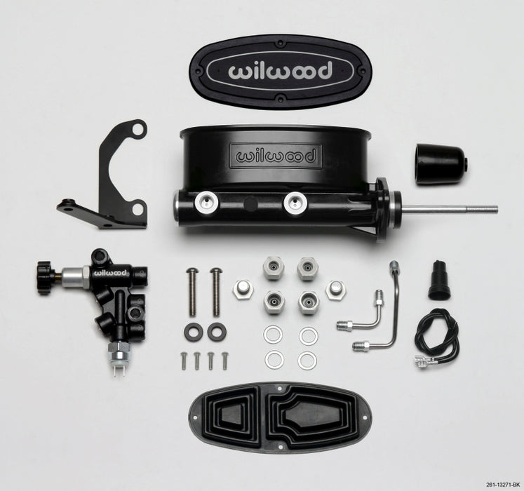 Wilwood HV Tandem M/C Kit w L/H Bracket & Prop Valve 7/8in Bore Black-W/Pushrod 261-13271-BK