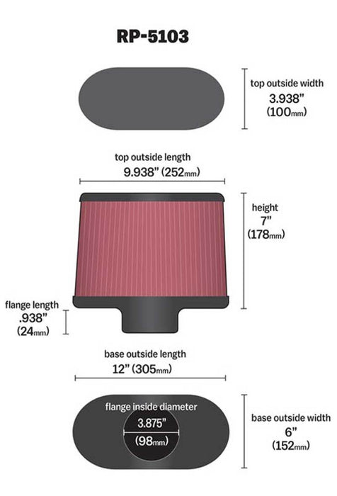 K&N Universal Filter with Carbon Fiber Top & Base-12in Base O/S Length x 6in Base O/S Width x 7in H RP-5103