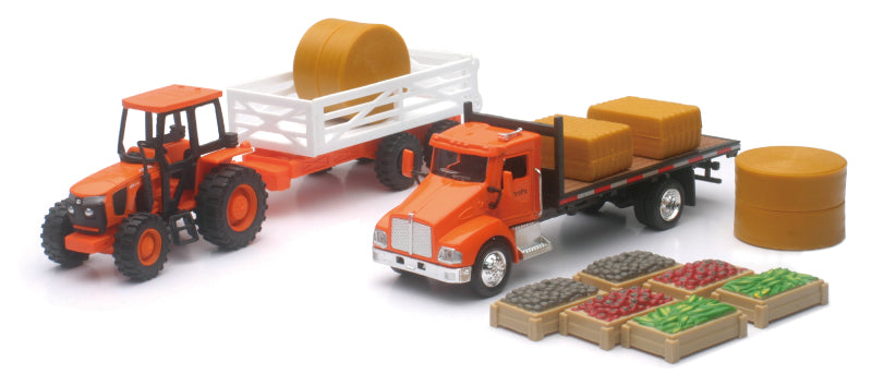 New Ray Toys Kubota Farm Tractor Play Set with Truck, Trailer, Crates and Haybales/ Scale 1:32 SS-15815A